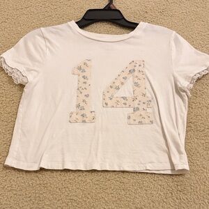 White crop top with Floral Number Design and lace sleeve detail